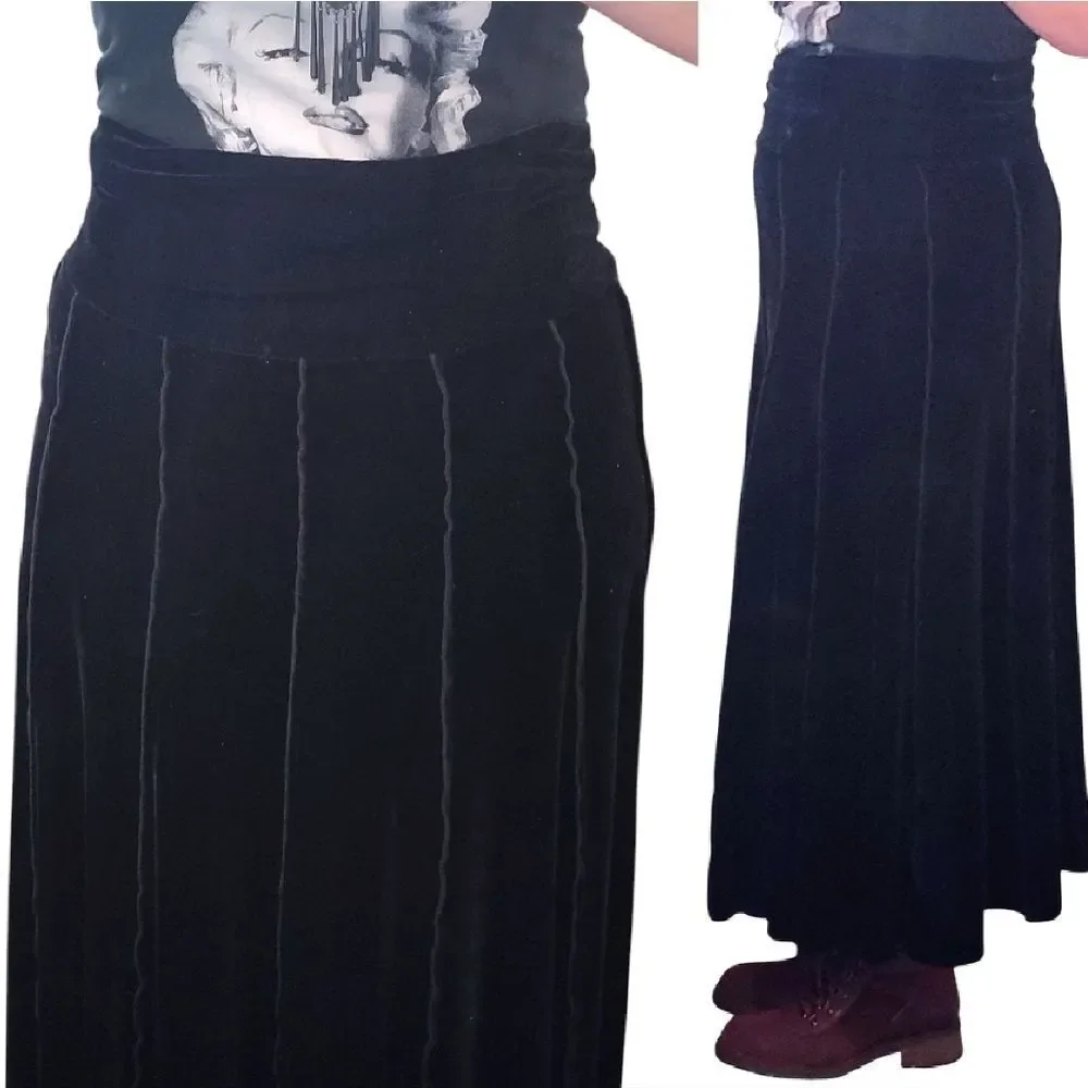 VTG Y2K Black Velvet Panelled Pull On‎ Whimsigoth Midi Skirt Large A Line Goth